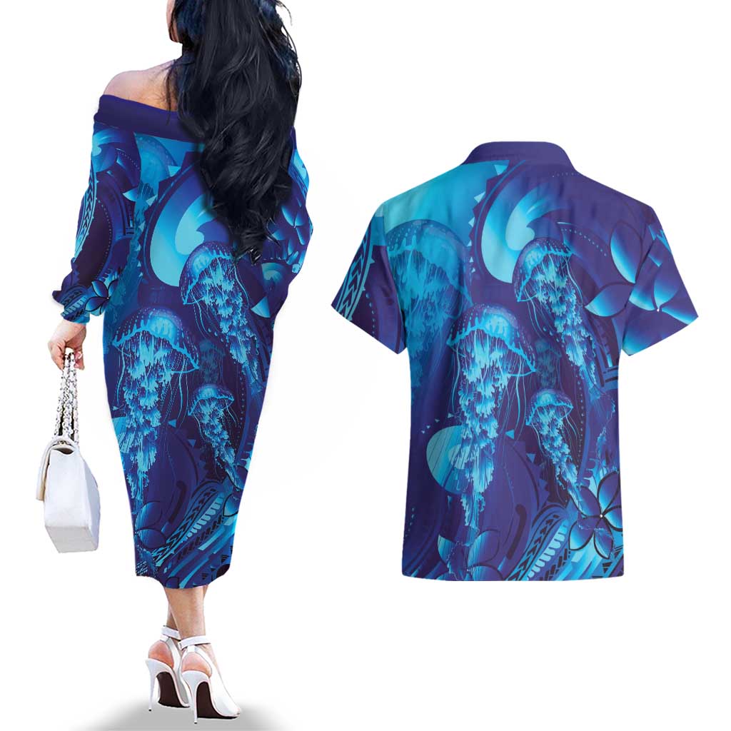 Purple Paradise Polynesia Jellyfish Couples Matching Off The Shoulder Long Sleeve Dress and Hawaiian Shirt Plumeria Polynesian Tattoo Glowing Vibes