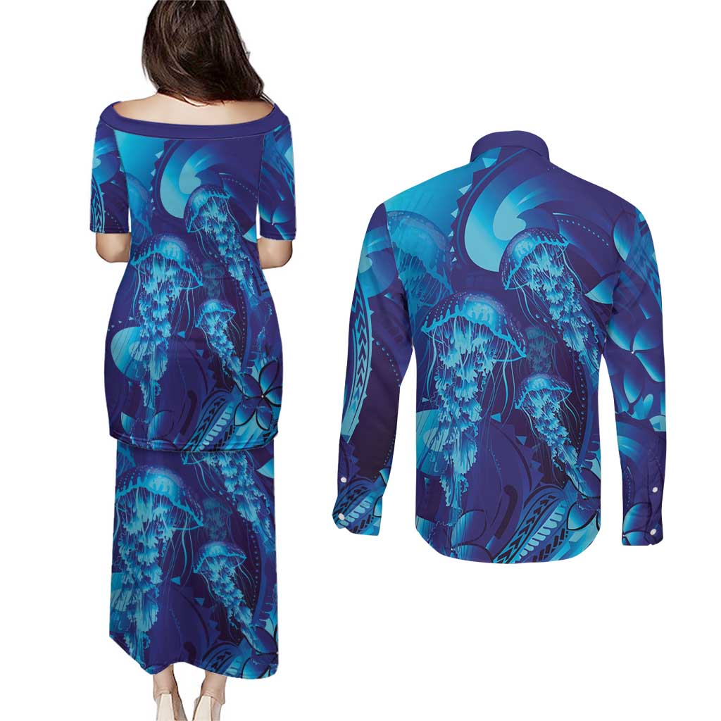 Purple Paradise Polynesia Jellyfish Couples Matching Puletasi and Long Sleeve Button Shirt Plumeria Polynesian Tattoo Glowing Vibes LT14 - Polynesian Pride