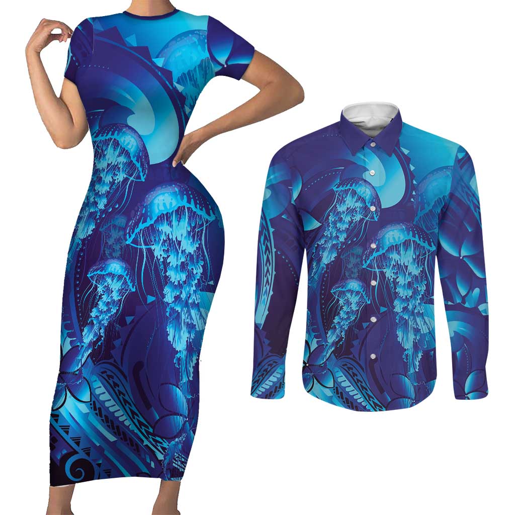 Purple Paradise Polynesia Jellyfish Couples Matching Short Sleeve Bodycon Dress and Long Sleeve Button Shirt Plumeria Polynesian Tattoo Glowing Vibes