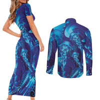 Purple Paradise Polynesia Jellyfish Couples Matching Short Sleeve Bodycon Dress and Long Sleeve Button Shirt Plumeria Polynesian Tattoo Glowing Vibes