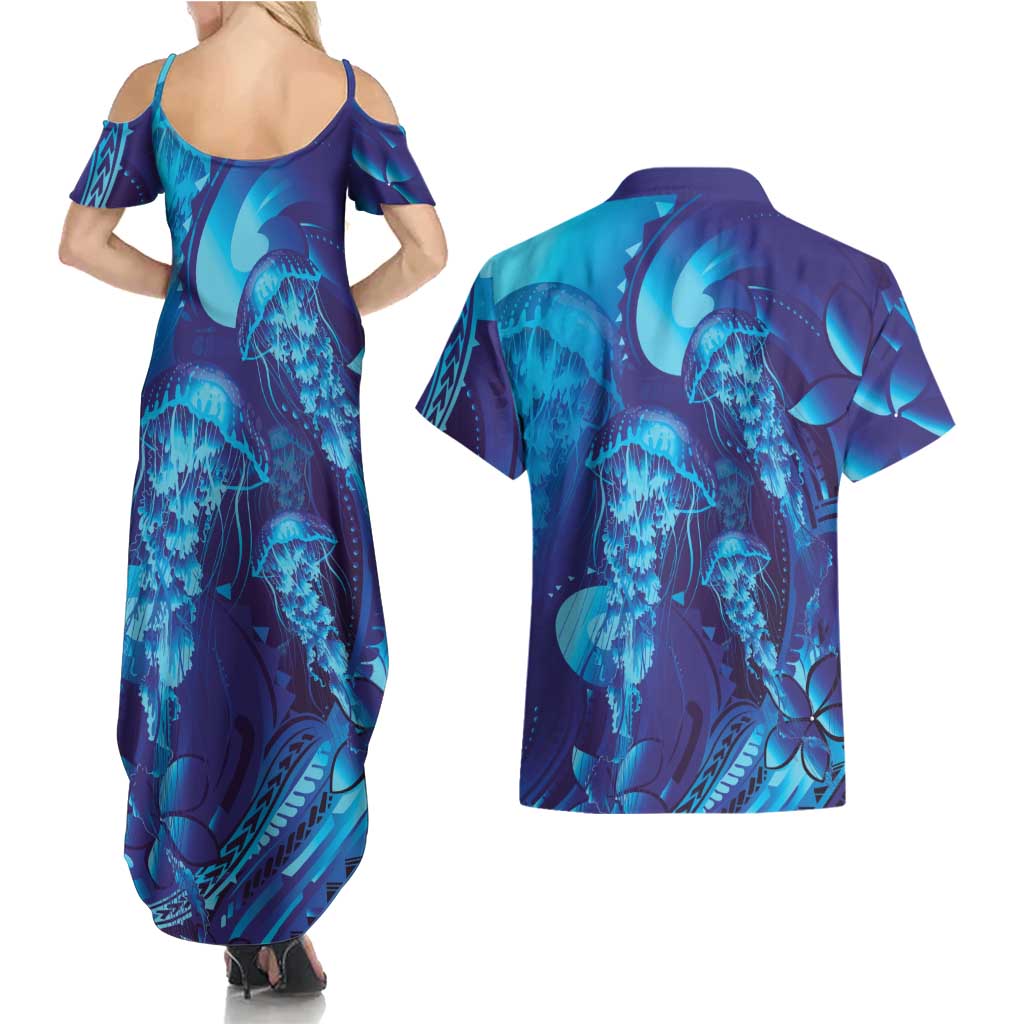 Purple Paradise Polynesia Jellyfish Couples Matching Summer Maxi Dress and Hawaiian Shirt Plumeria Polynesian Tattoo Glowing Vibes
