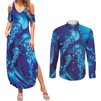 Purple Paradise Polynesia Jellyfish Couples Matching Summer Maxi Dress and Long Sleeve Button Shirt Plumeria Polynesian Tattoo Glowing Vibes