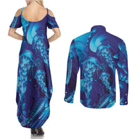 Purple Paradise Polynesia Jellyfish Couples Matching Summer Maxi Dress and Long Sleeve Button Shirt Plumeria Polynesian Tattoo Glowing Vibes