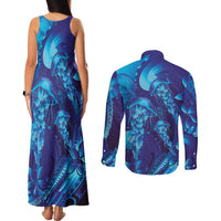Purple Paradise Polynesia Jellyfish Couples Matching Tank Maxi Dress and Long Sleeve Button Shirt Plumeria Polynesian Tattoo Glowing Vibes LT14 - Polynesian Pride