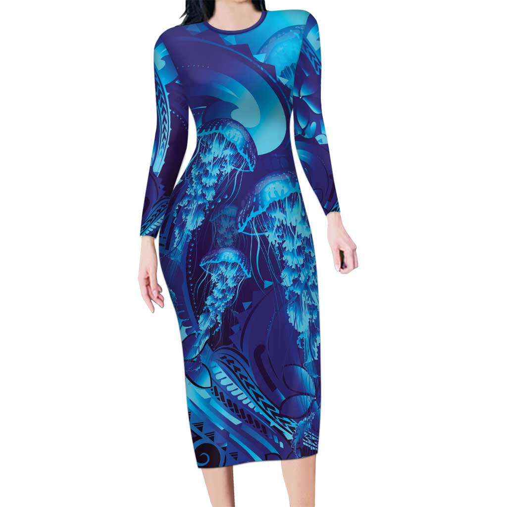 Purple Paradise Polynesia Jellyfish Family Matching Long Sleeve Bodycon Dress and Hawaiian Shirt Plumeria Polynesian Tattoo Glowing Vibes LT14 Mom's Dress Purple - Polynesian Pride