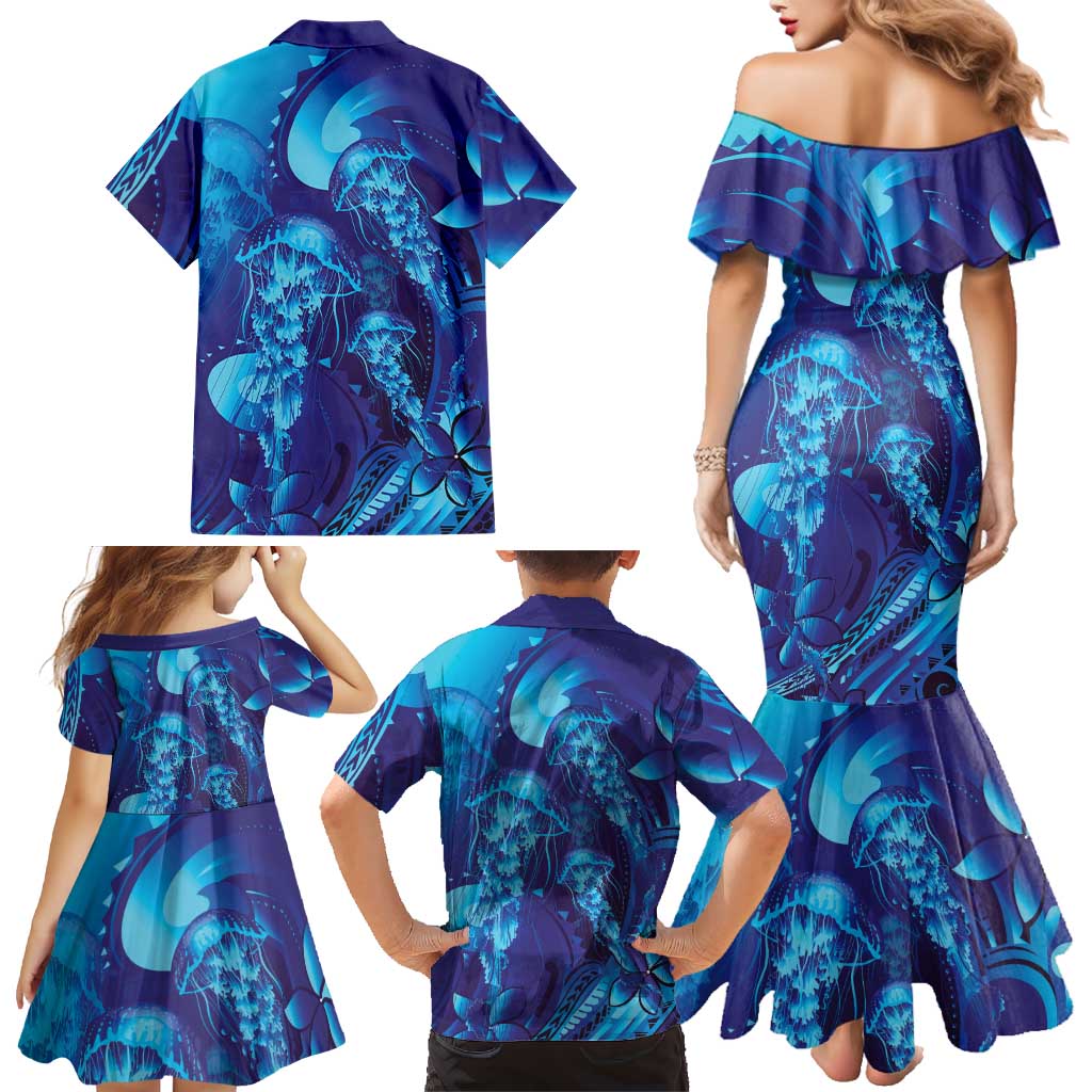 Purple Paradise Polynesia Jellyfish Family Matching Mermaid Dress and Hawaiian Shirt Plumeria Polynesian Tattoo Glowing Vibes LT14 - Polynesian Pride