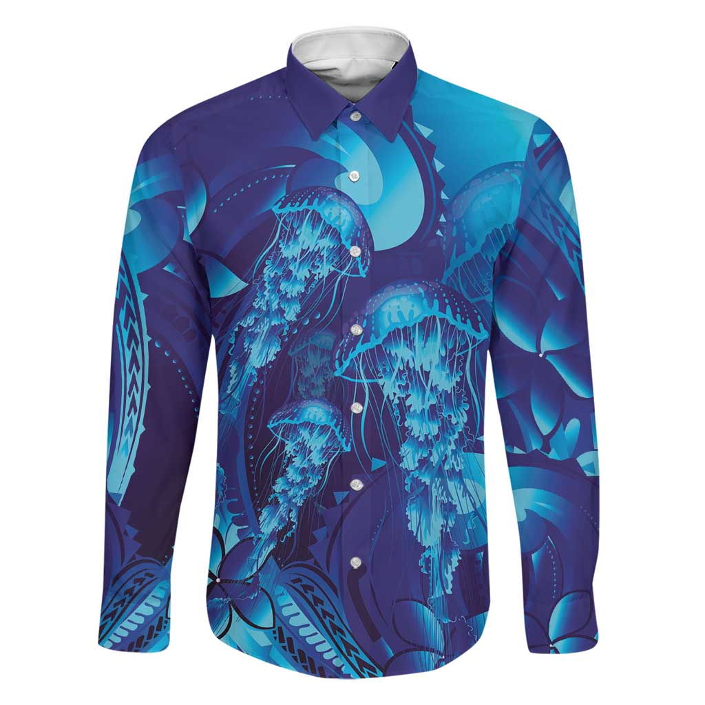 Purple Paradise Polynesia Jellyfish Family Matching Off Shoulder Maxi Dress and Hawaiian Shirt Plumeria Polynesian Tattoo Glowing Vibes LT14 Dad's Shirt - Long Sleeve Purple - Polynesian Pride