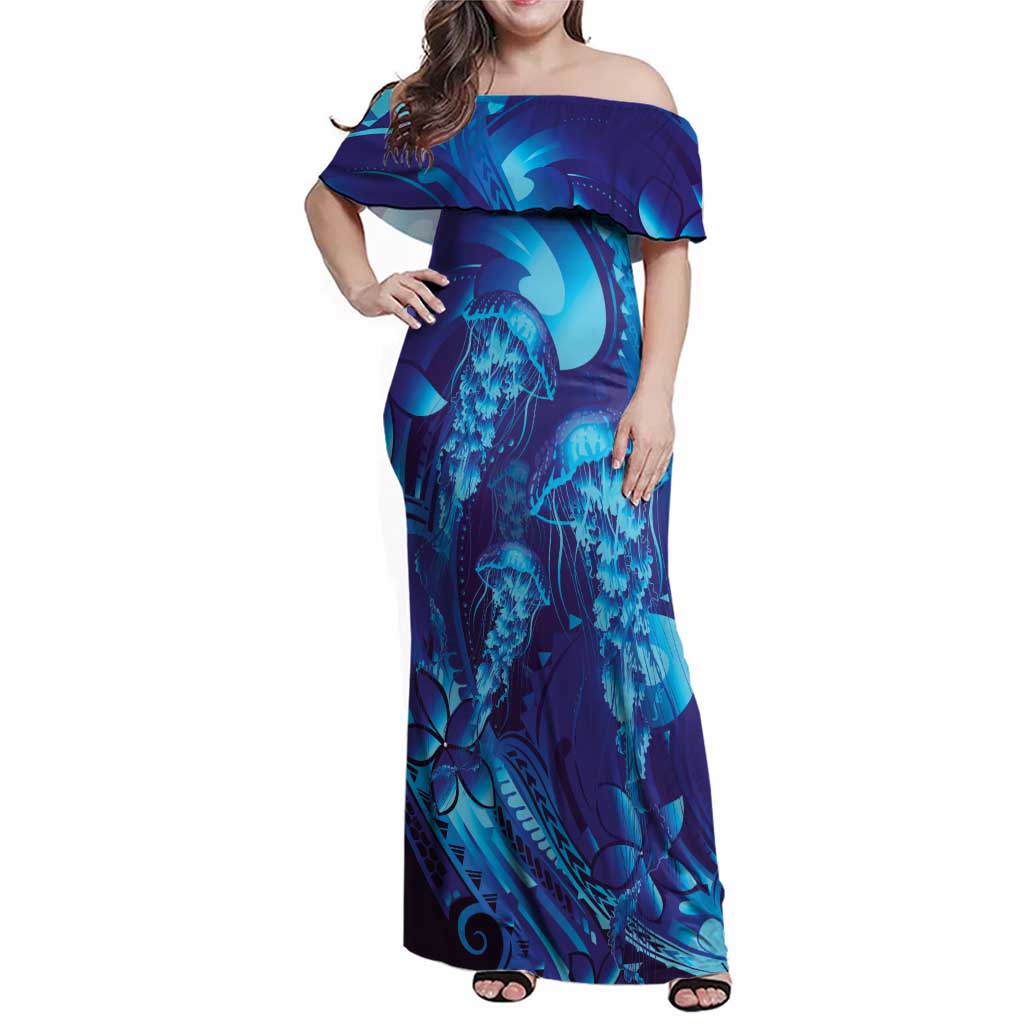 Purple Paradise Polynesia Jellyfish Family Matching Off Shoulder Maxi Dress and Hawaiian Shirt Plumeria Polynesian Tattoo Glowing Vibes LT14 Mom's Dress Purple - Polynesian Pride