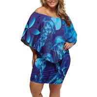 Purple Paradise Polynesia Jellyfish Family Matching Off Shoulder Short Dress and Hawaiian Shirt Plumeria Polynesian Tattoo Glowing Vibes LT14 Mom's Dress Purple - Polynesian Pride