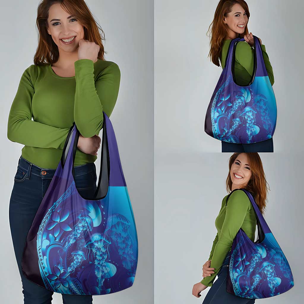 Purple Paradise Polynesia Jellyfish Grocery Bag Plumeria Polynesian Tattoo Glowing Vibes LT14 - Polynesian Pride