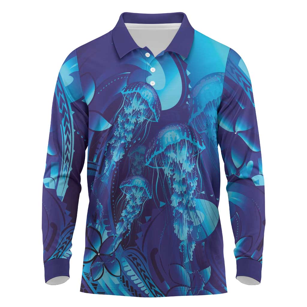 Purple Paradise Polynesia Jellyfish Long Sleeve Polo Shirt Plumeria Polynesian Tattoo Glowing Vibes LT14 Purple - Polynesian Pride