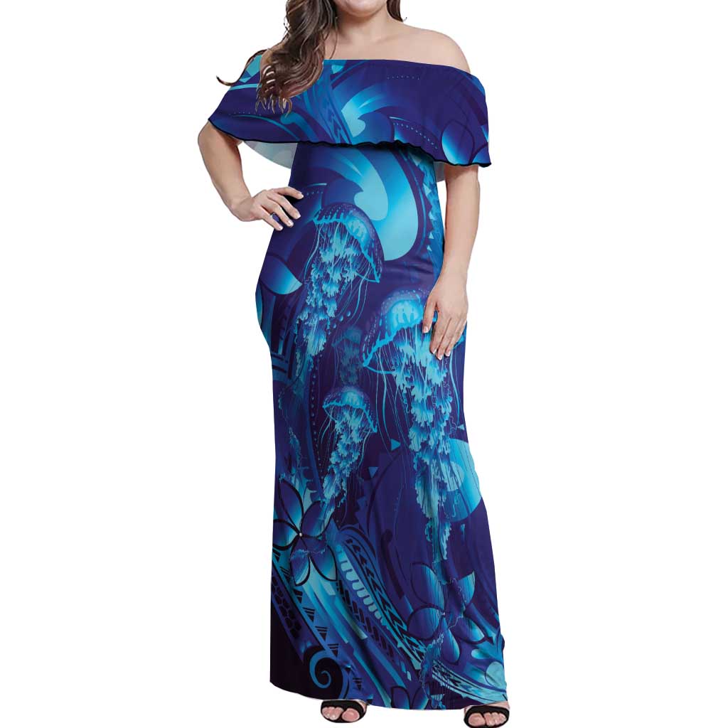 Purple Paradise Polynesia Jellyfish Off Shoulder Maxi Dress Plumeria Polynesian Tattoo Glowing Vibes LT14 Women Purple - Polynesian Pride