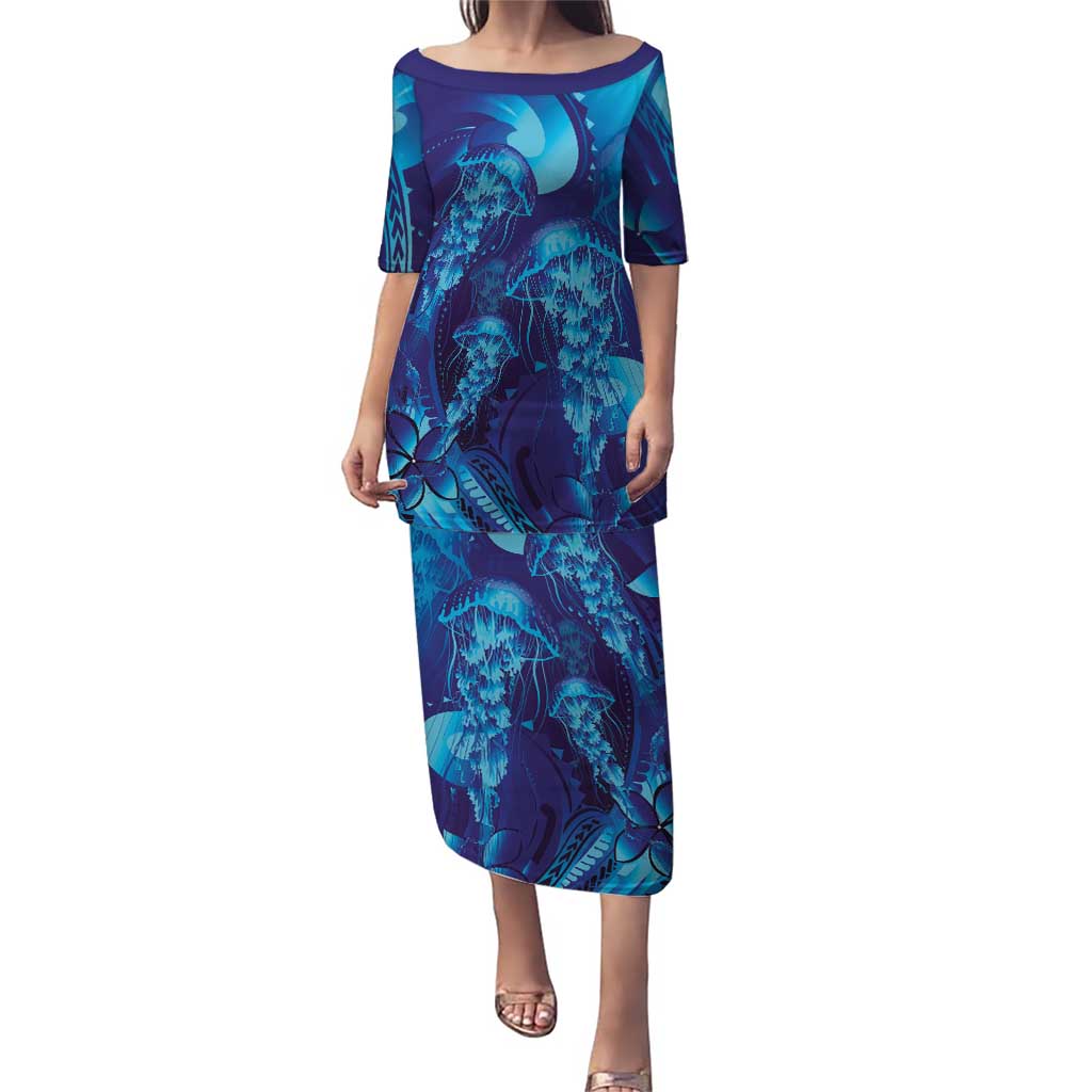 Purple Paradise Polynesia Jellyfish Puletasi Plumeria Polynesian Tattoo Glowing Vibes LT14 Long Dress Purple - Polynesian Pride