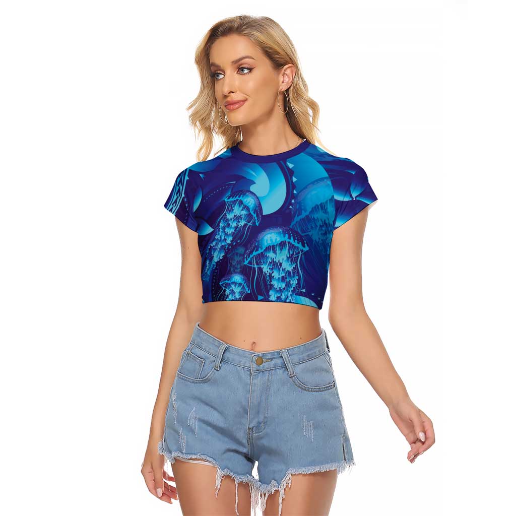 Purple Paradise Polynesia Jellyfish Raglan Cropped T Shirt Plumeria Polynesian Tattoo Glowing Vibes LT14 Female Purple - Polynesian Pride