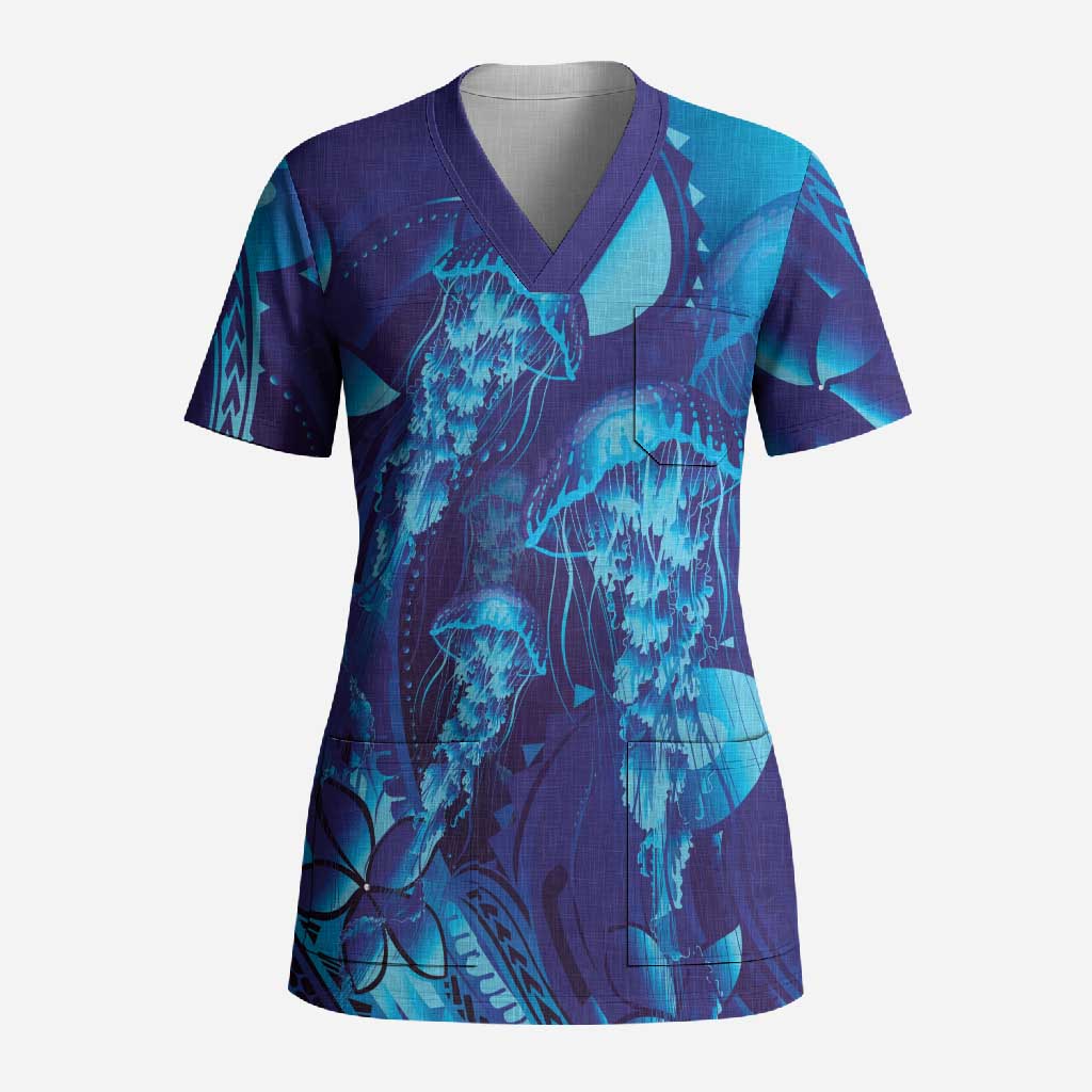 Purple Paradise Polynesia Jellyfish Scrub Top Plumeria Polynesian Tattoo Glowing Vibes
