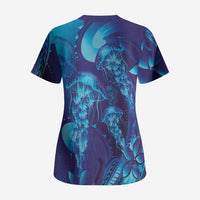 Purple Paradise Polynesia Jellyfish Scrub Top Plumeria Polynesian Tattoo Glowing Vibes