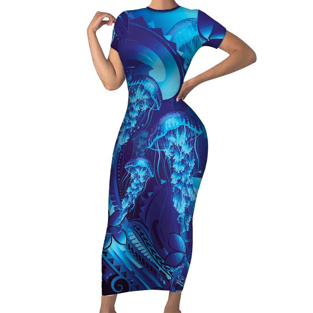 Purple Paradise Polynesia Jellyfish Short Sleeve Bodycon Dress Plumeria Polynesian Tattoo Glowing Vibes