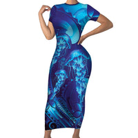 Purple Paradise Polynesia Jellyfish Short Sleeve Bodycon Dress Plumeria Polynesian Tattoo Glowing Vibes