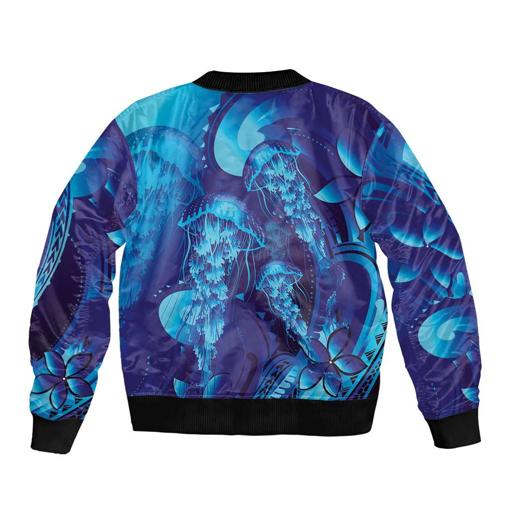 Purple Paradise Polynesia Jellyfish Sleeve Zip Bomber Jacket Plumeria Polynesian Tattoo Glowing Vibes