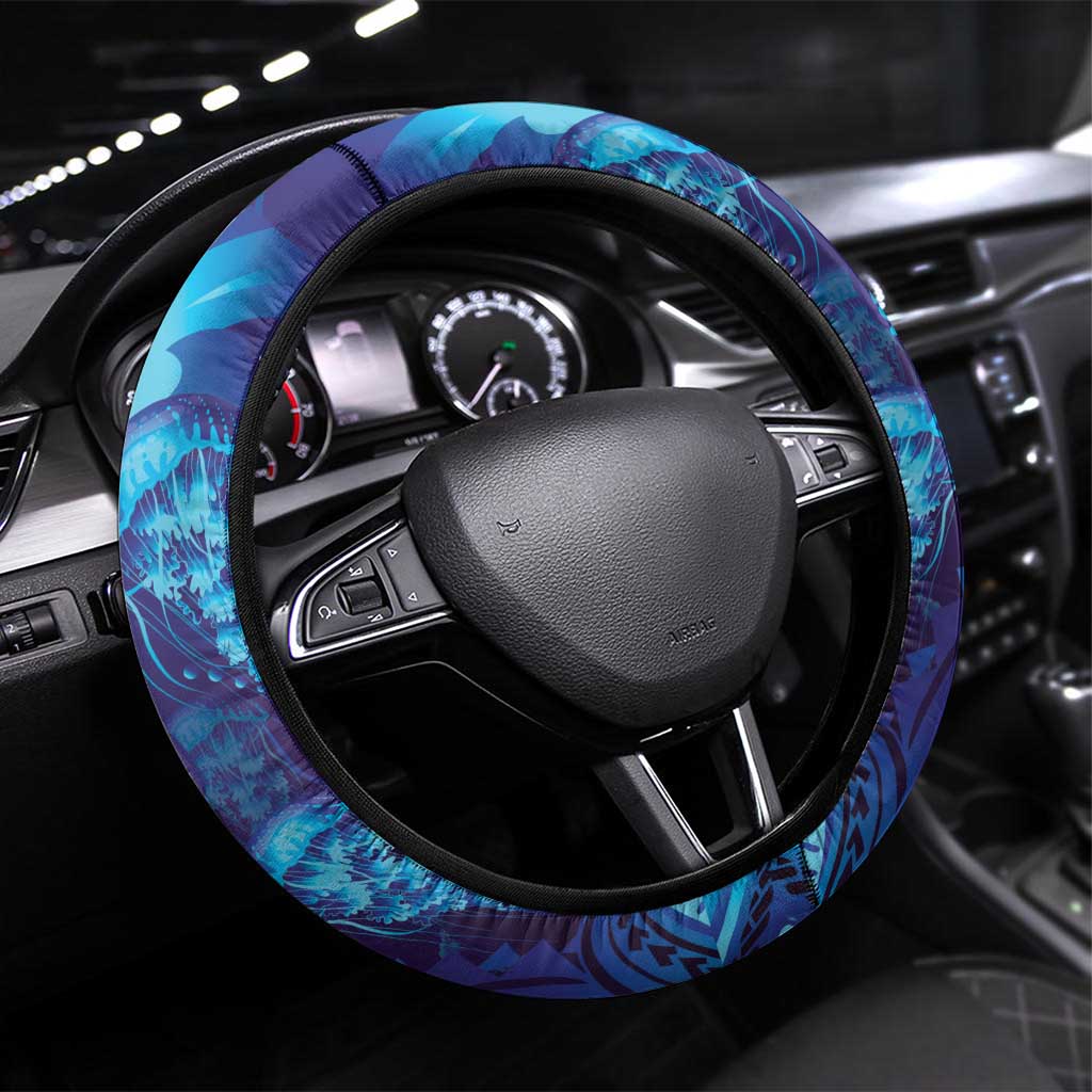 Purple Paradise Polynesia Jellyfish Steering Wheel Cover Plumeria Polynesian Tattoo Glowing Vibes