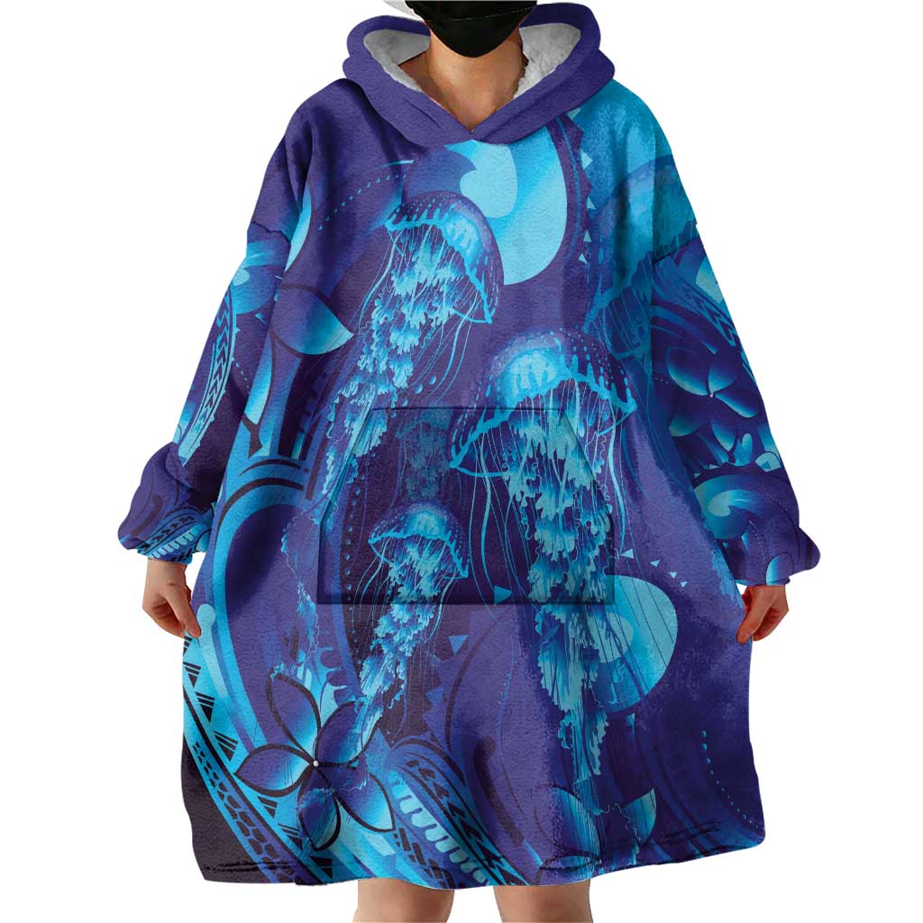 Purple Paradise Polynesia Jellyfish Wearable Blanket Hoodie Plumeria Polynesian Tattoo Glowing Vibes LT14 - Polynesian Pride