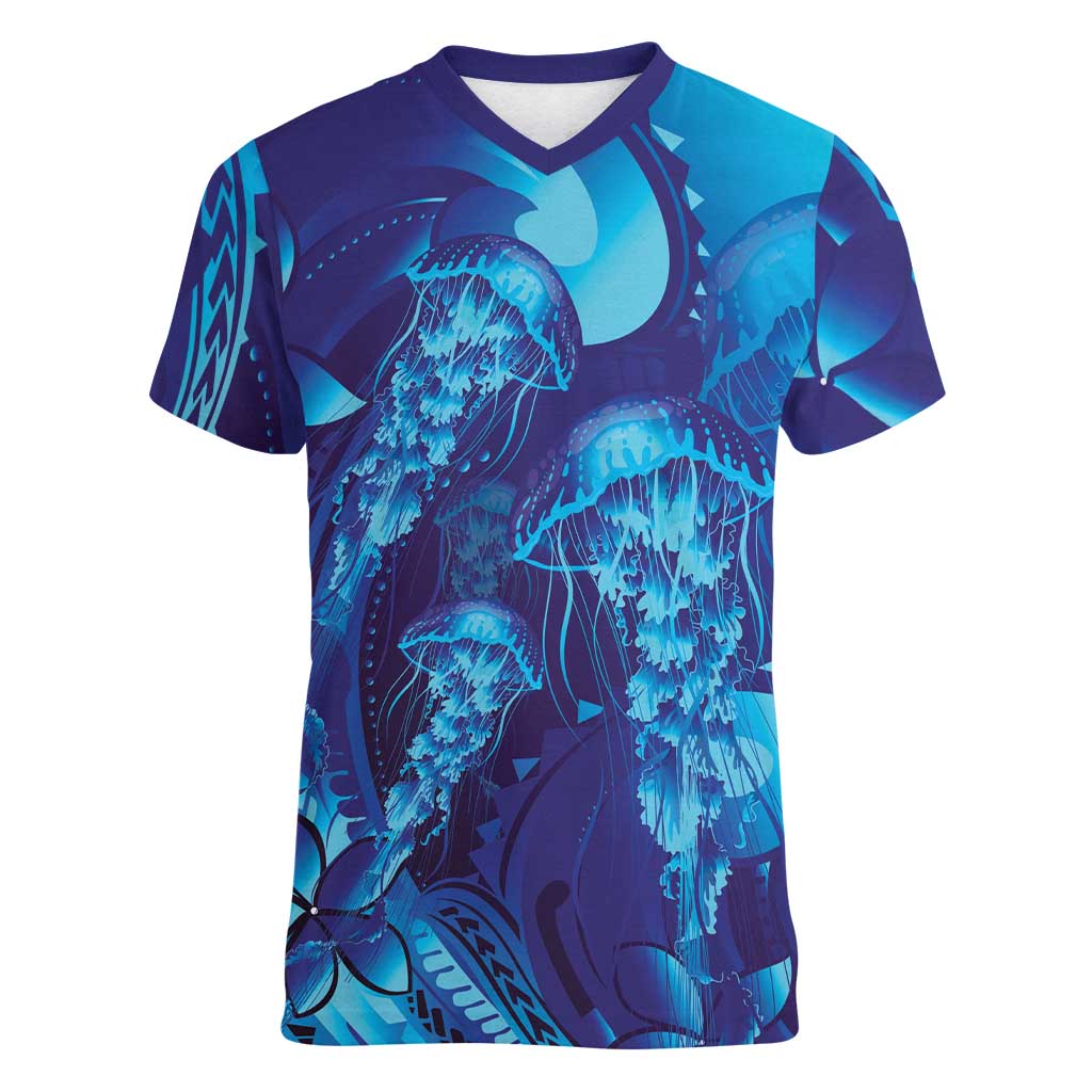Purple Paradise Polynesia Jellyfish Women V-Neck T-Shirt Plumeria Polynesian Tattoo Glowing Vibes LT14 Female Purple - Polynesian Pride