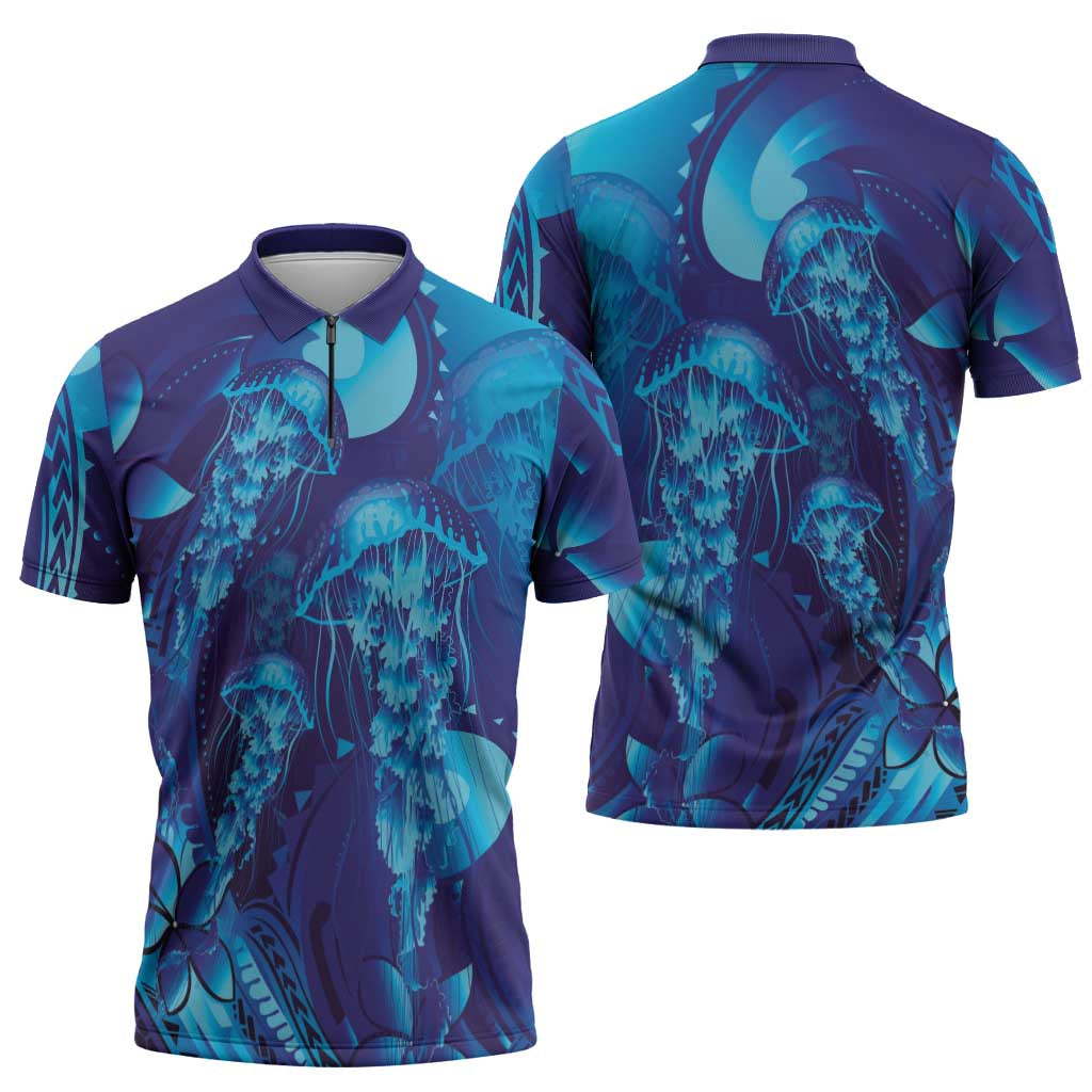 Purple Paradise Polynesia Jellyfish Zipper Polo Shirt Plumeria Polynesian Tattoo Glowing Vibes LT14 - Polynesian Pride