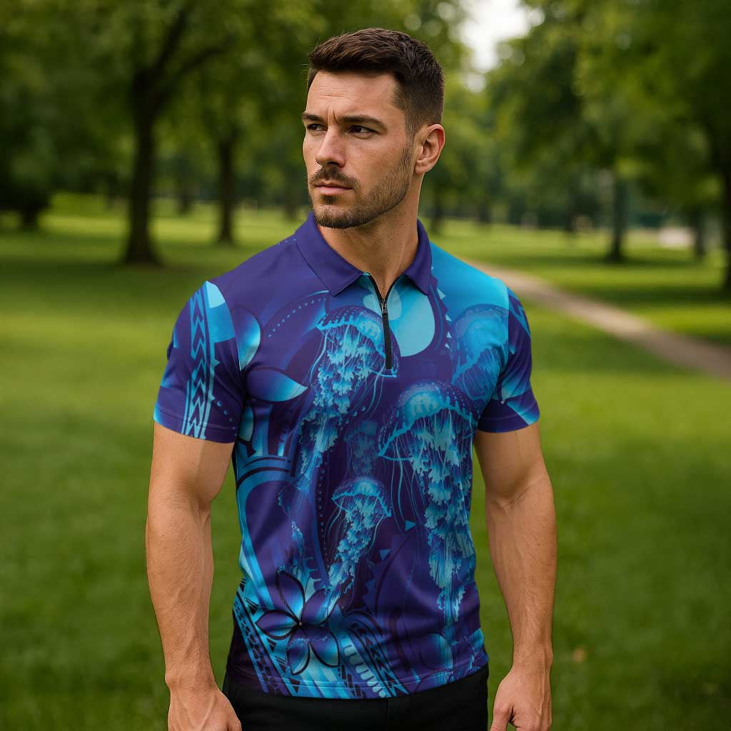 Purple Paradise Polynesia Jellyfish Zipper Polo Shirt Plumeria Polynesian Tattoo Glowing Vibes LT14 - Polynesian Pride