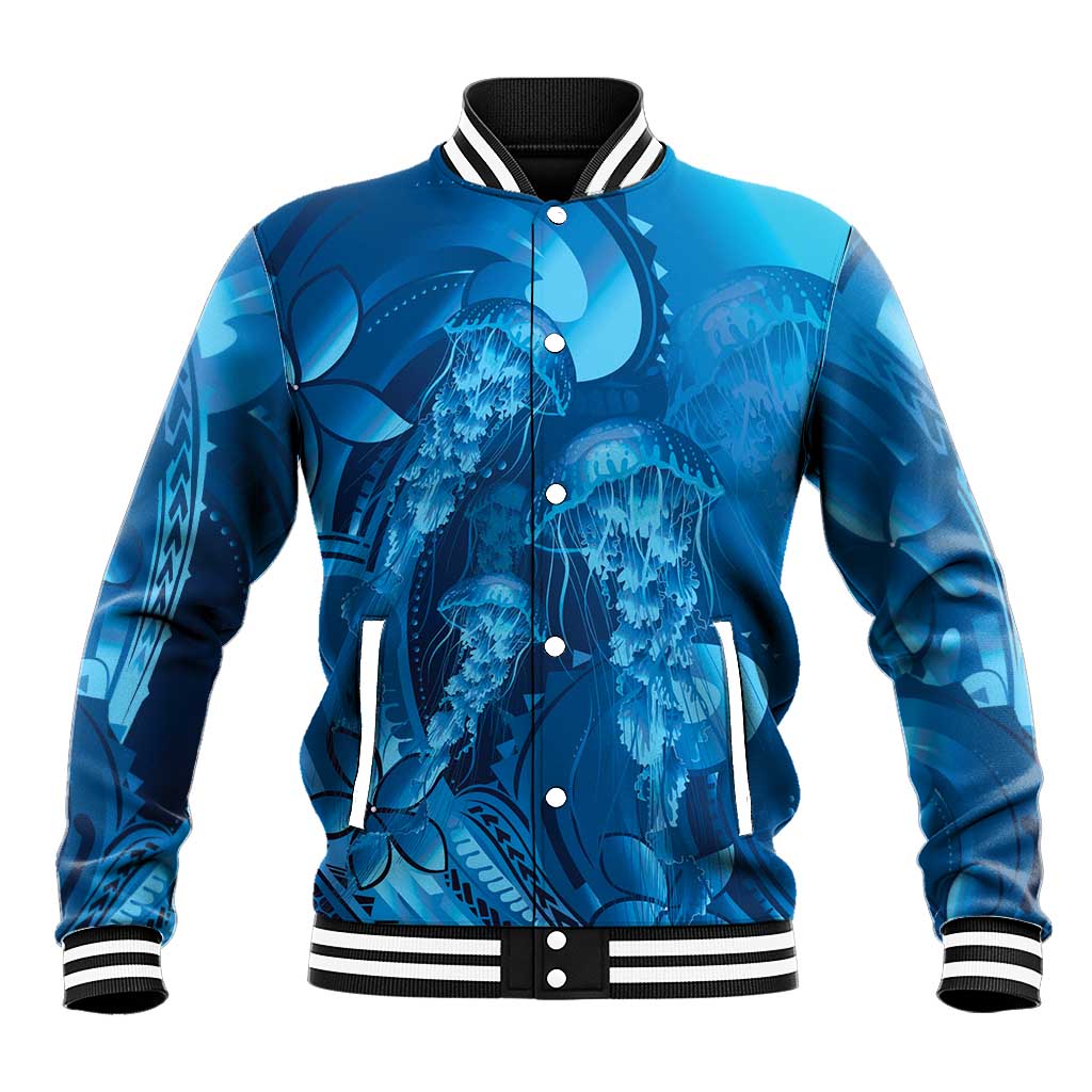 Blue Gradient Polynesia Jellyfish Baseball Jacket Plumeria Polynesian Tattoo Glowing Vibes