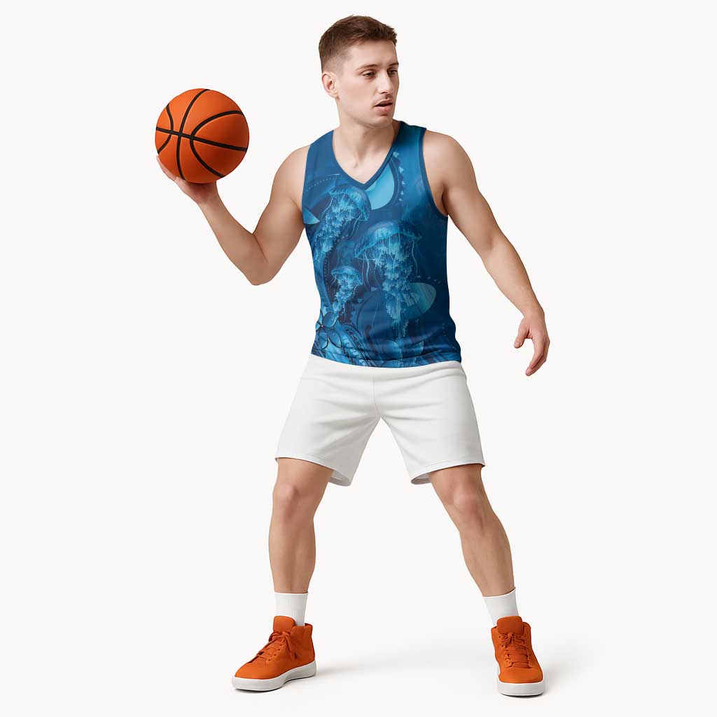 Blue Gradient Polynesia Jellyfish Basketball Jersey Plumeria Polynesian Tattoo Glowing Vibes