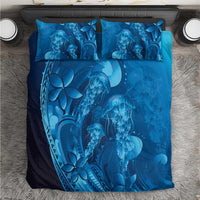 Blue Gradient Polynesia Jellyfish Bedding Set Plumeria Polynesian Tattoo Glowing Vibes