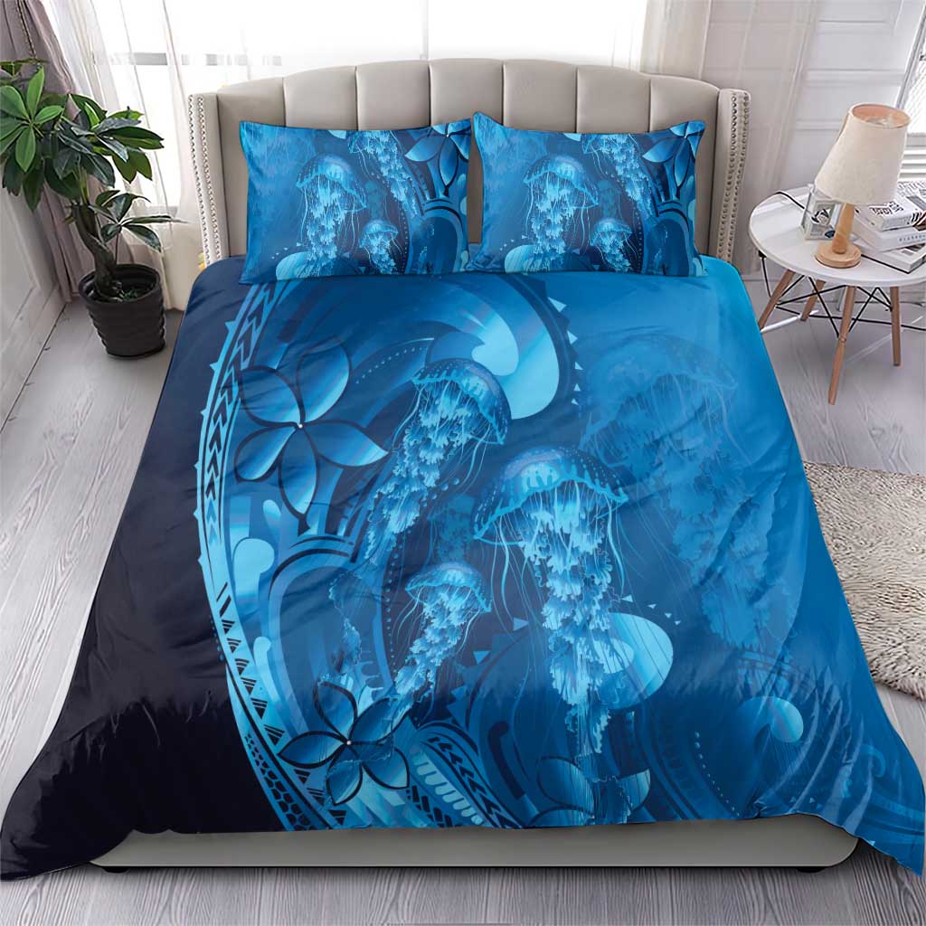 Blue Gradient Polynesia Jellyfish Bedding Set Plumeria Polynesian Tattoo Glowing Vibes