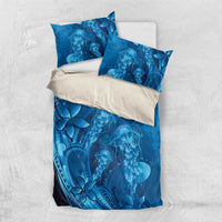 Blue Gradient Polynesia Jellyfish Bedding Set Plumeria Polynesian Tattoo Glowing Vibes