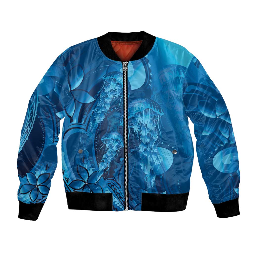 Blue Gradient Polynesia Jellyfish Bomber Jacket Plumeria Polynesian Tattoo Glowing Vibes