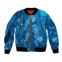 Blue Gradient Polynesia Jellyfish Bomber Jacket Plumeria Polynesian Tattoo Glowing Vibes