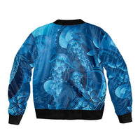 Blue Gradient Polynesia Jellyfish Bomber Jacket Plumeria Polynesian Tattoo Glowing Vibes