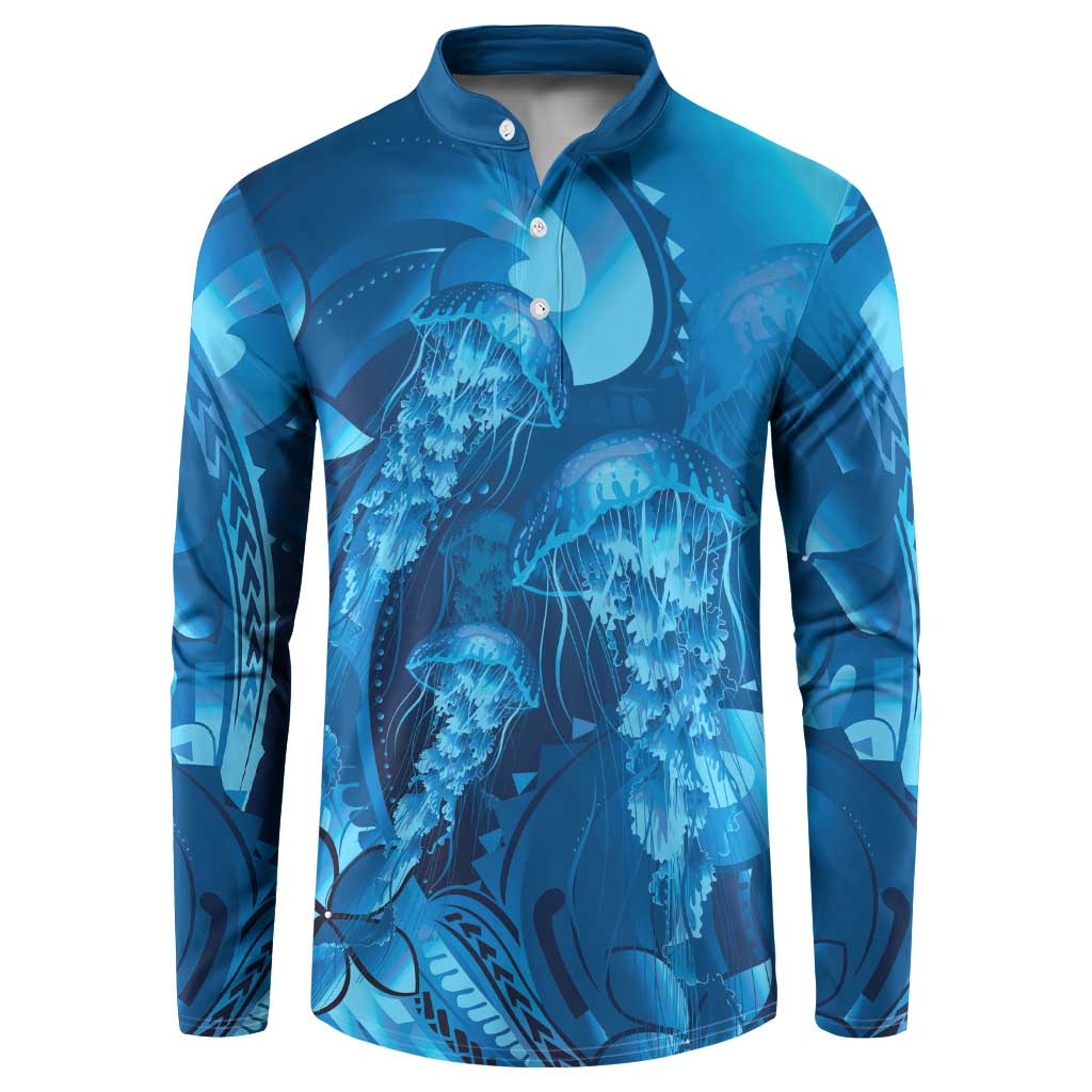 Blue Gradient Polynesia Jellyfish Button Sweatshirt Plumeria Polynesian Tattoo Glowing Vibes