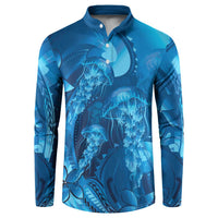 Blue Gradient Polynesia Jellyfish Button Sweatshirt Plumeria Polynesian Tattoo Glowing Vibes