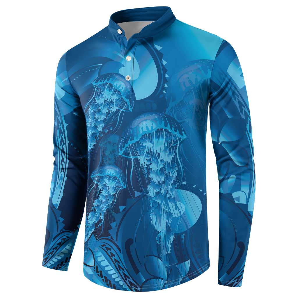 Blue Gradient Polynesia Jellyfish Button Sweatshirt Plumeria Polynesian Tattoo Glowing Vibes