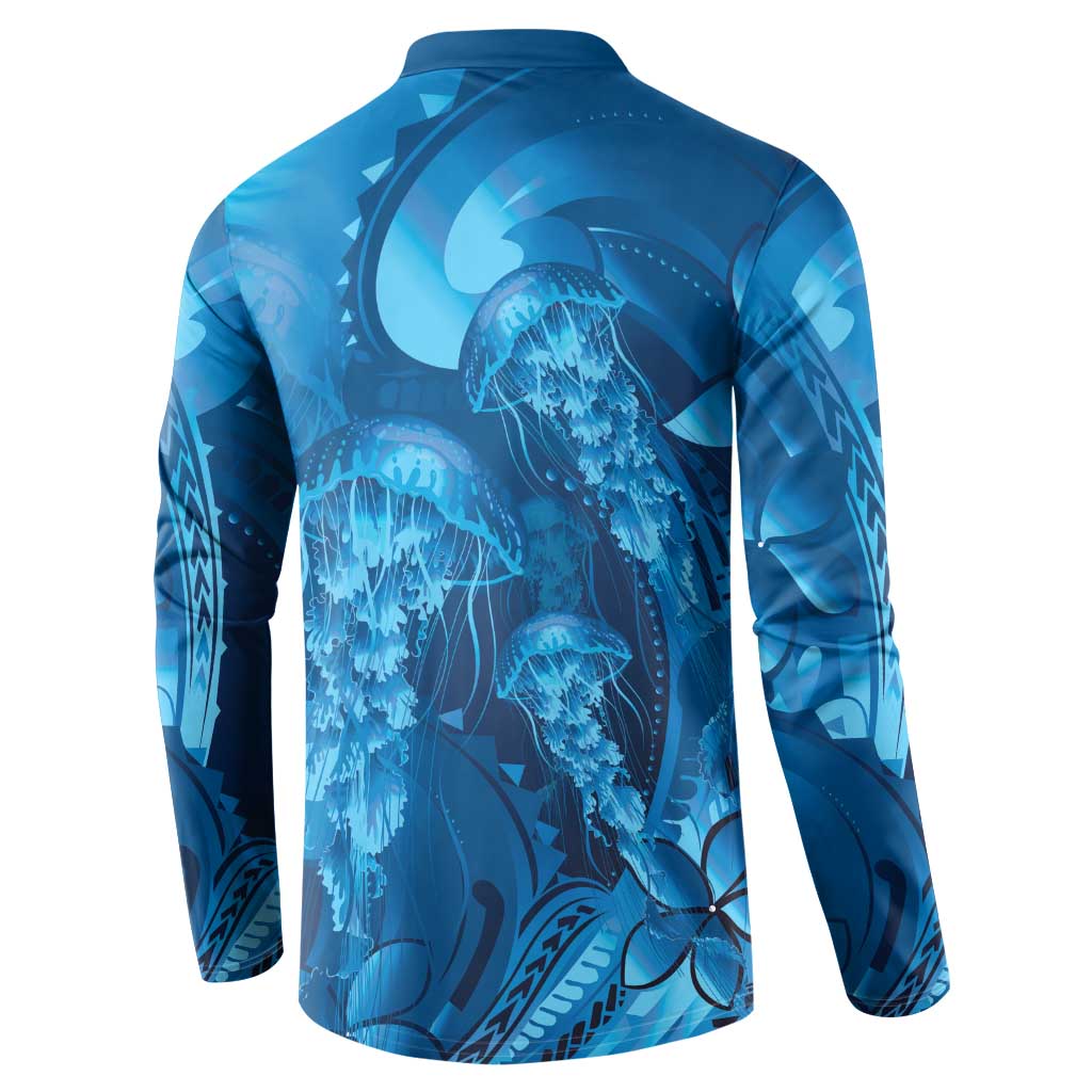 Blue Gradient Polynesia Jellyfish Button Sweatshirt Plumeria Polynesian Tattoo Glowing Vibes