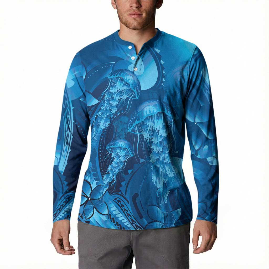 Blue Gradient Polynesia Jellyfish Button Sweatshirt Plumeria Polynesian Tattoo Glowing Vibes