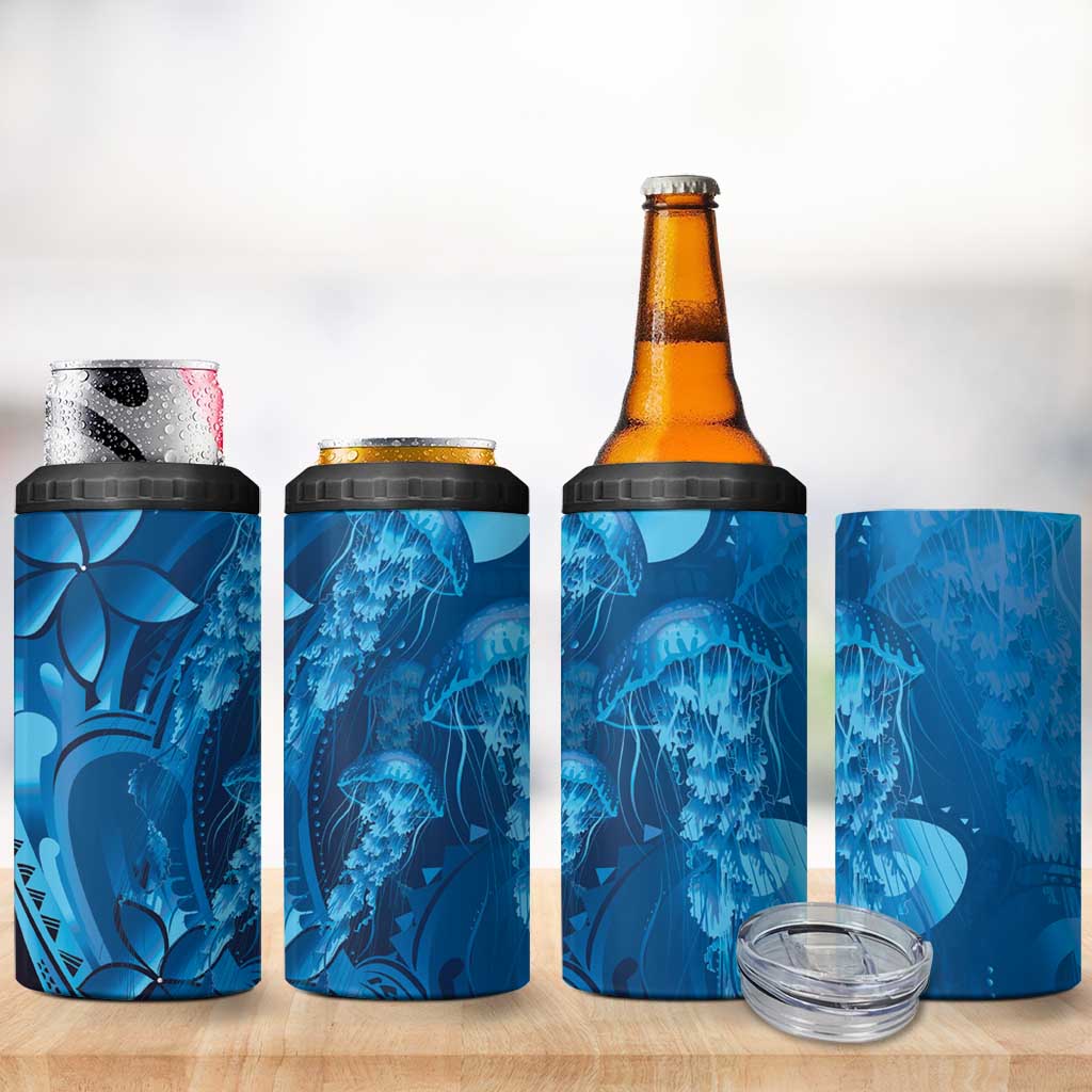 Blue Gradient Polynesia Jellyfish 4 in 1 Can Cooler Tumbler Plumeria Polynesian Tattoo Glowing Vibes