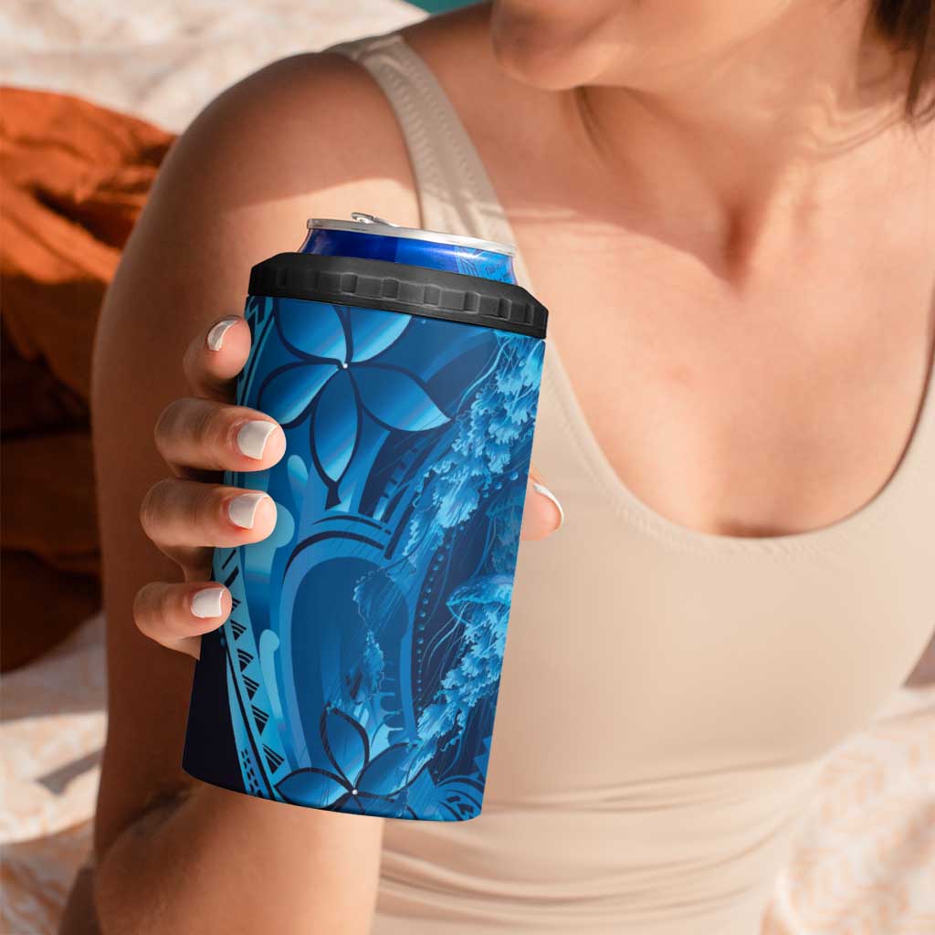 Blue Gradient Polynesia Jellyfish 4 in 1 Can Cooler Tumbler Plumeria Polynesian Tattoo Glowing Vibes