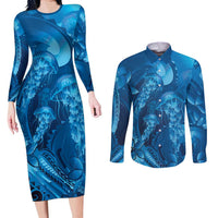 Blue Gradient Polynesia Jellyfish Couples Matching Long Sleeve Bodycon Dress and Long Sleeve Button Shirt Plumeria Polynesian Tattoo Glowing Vibes