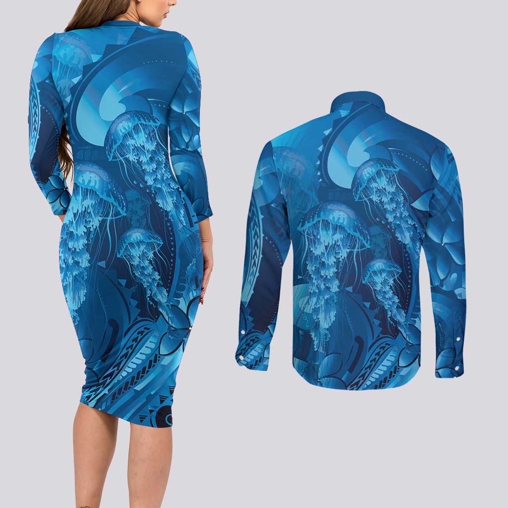 Blue Gradient Polynesia Jellyfish Couples Matching Long Sleeve Bodycon Dress and Long Sleeve Button Shirt Plumeria Polynesian Tattoo Glowing Vibes