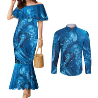 Blue Gradient Polynesia Jellyfish Couples Matching Mermaid Dress and Long Sleeve Button Shirt Plumeria Polynesian Tattoo Glowing Vibes LT14 Blue - Polynesian Pride