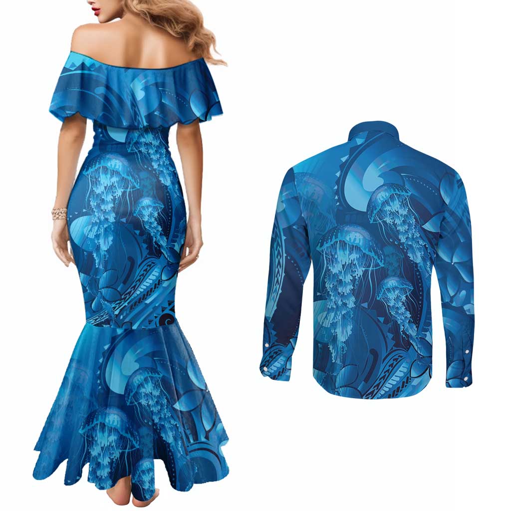Blue Gradient Polynesia Jellyfish Couples Matching Mermaid Dress and Long Sleeve Button Shirt Plumeria Polynesian Tattoo Glowing Vibes LT14 - Polynesian Pride