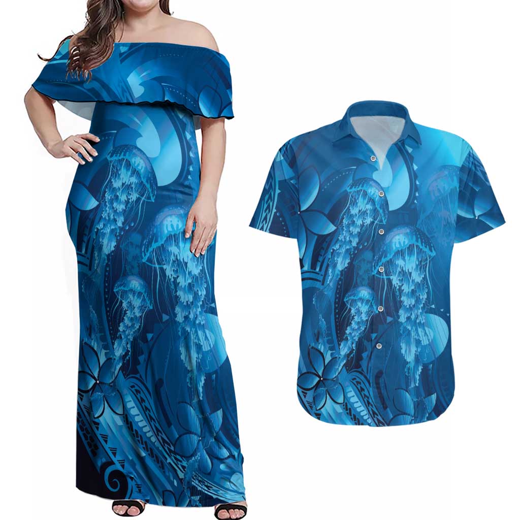 Blue Gradient Polynesia Jellyfish Couples Matching Off Shoulder Maxi Dress and Hawaiian Shirt Plumeria Polynesian Tattoo Glowing Vibes