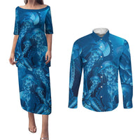 Blue Gradient Polynesia Jellyfish Couples Matching Puletasi and Long Sleeve Button Shirt Plumeria Polynesian Tattoo Glowing Vibes