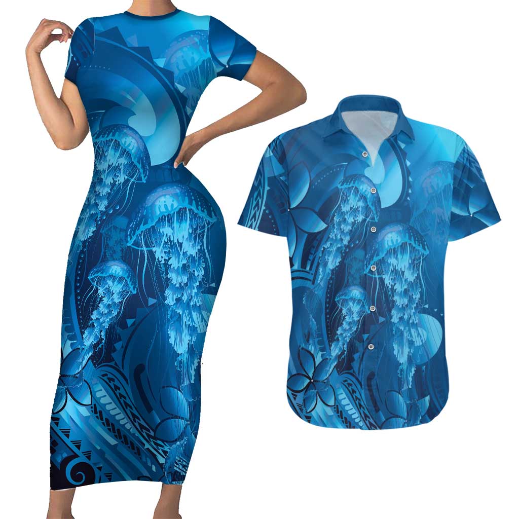 Blue Gradient Polynesia Jellyfish Couples Matching Short Sleeve Bodycon Dress and Hawaiian Shirt Plumeria Polynesian Tattoo Glowing Vibes LT14 Blue - Polynesian Pride